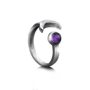 Adjustable Amethyst Ring: Sterling Silver Crescent Moon