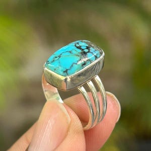 Natural Tibetian Turquoise Ring 925 Solid Sterling Silver Handmade Statement Hippie Bohemian Ring Jewelry Gift For Her Free Size Ring