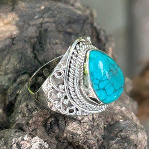 Tibetian Turquoise Ring Solid 925 Sterling Silver Handmade Statement Hippie Bohemian Ring Jewelry Gift For Her