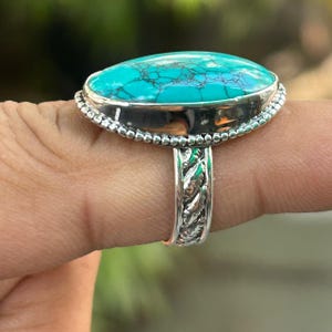 Tibetian Turquoise Ring Solid 925 Sterling Silver Handmade Statement Hippie Bohemian Ring Jewelry Gift For Her Love Gift