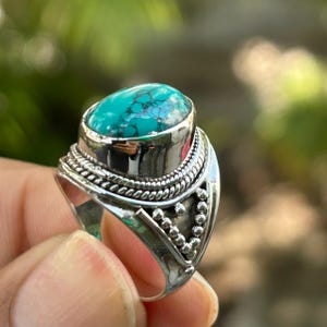 Tibetian Turquoise Ring Solid 925 Sterling Silver Handmade Statement Hippie Bohemian Ring Jewelry Gift For Her Love Gift