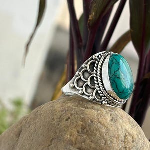 Tibetian Turquoise Ring Solid 925 Sterling Silver Handmade Statement Hippie Bohemian Ring Jewelry Gift For Her Love Gift
