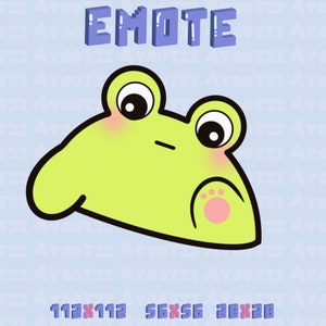 May include: A cartoon green frog with a pink paw print on its belly. The frog is looking to the left and has a light blue background with the word "EMOTE" in pixelated letters at the top.