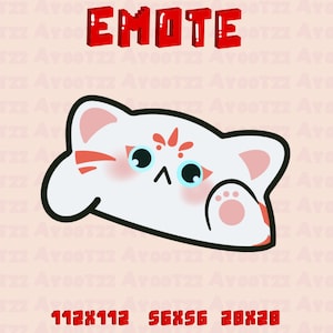 May include: A white cartoon cat with red and pink accents, looking to the left with a paw raised. The cat is outlined in black and has a pink nose and blue eyes. The text "EMOTE" is written in red block letters above the cat.