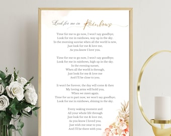 Look for Me in Rainbows Print, Sympathy gift, Grief, Bereavement Printable, loss of loved one, Condolences, Funeral Poems, In Loving Memory