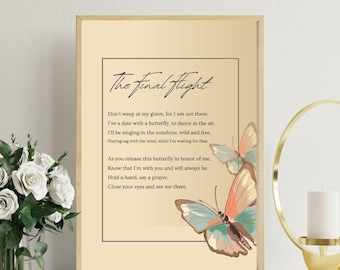 The Final Flight Butterfly Release Funeral Poem, Memorial Tribute Printable, Celebration of Life keepsake, Sympathy Card, Grief Gift, PDF