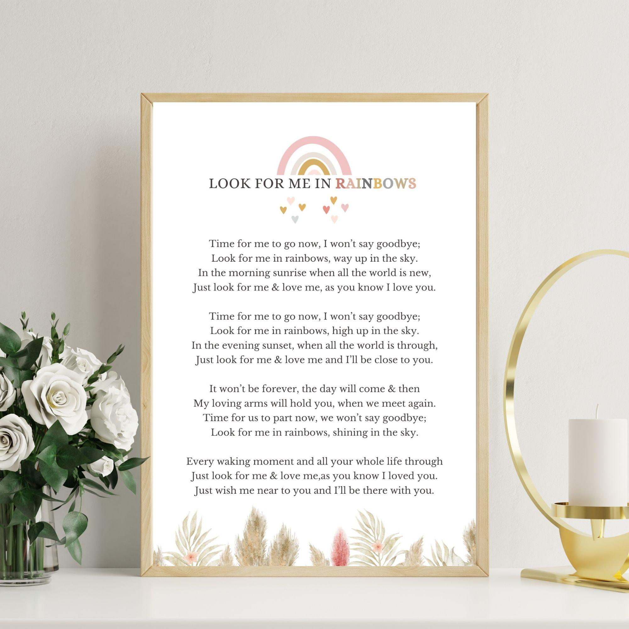 Look for Me in Rainbows Poem Print, Sympathy gift, Bereavement Printable, loss of loved one, Condolences, Funeral Poems, In Loving Memory