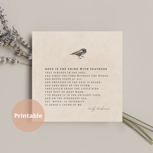 Emily Dickinson Hoffnung ist das Ding mit Federn Quadratischer Kunstdruck, Vogel Illustration, Buchliebhaber Lehrer Geschenk, literarisches Geschenk für Poesie