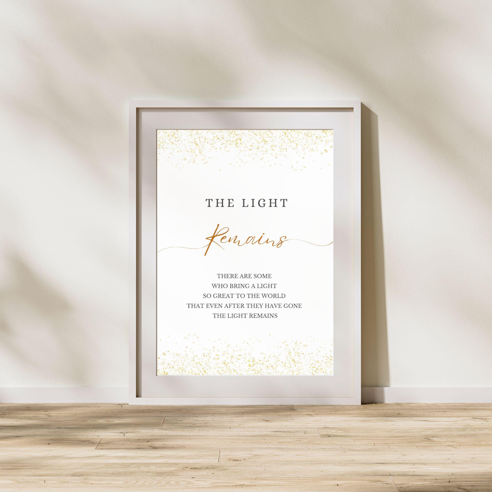 The Light Remains Printable, Funeral Poem, Class Reunion Memorial Table ...