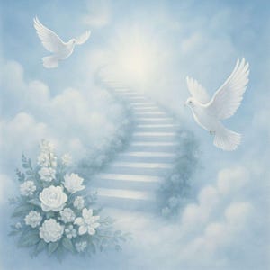 Puede incluir: Una imagen serena de una escalera que conduce hacia arriba a una luz brillante, con dos palomas blancas en vuelo. Flores blancas y nubes llenan la escena, creando una atmósfera pacífica y etérea. La obra evoca temas de esperanza y espiritualidad.