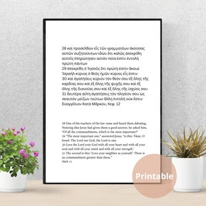 Puede incluir: Un póster imprimible con marco negro y fondo blanco que presenta un pasaje de la Biblia, Marcos 12, en griego e inglés. El texto trata sobre los dos mandamientos más importantes: amar a Dios y amar a tu prójimo.