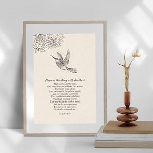 Vintage Kolibri-Skizze, Vogel druckbare Wandkunst, Hoffnung ist das Ding mit Federn Druck, Emily Dickinson-Gedicht, in liebevoller Erinnerung Zeichen Geschenk