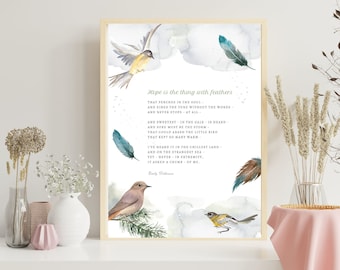 Emily Dickinson Hope is the thing with feathers Art Print, Watercolor Bird Illustration, Book Lover Gift, Literary Gift for Poetry Lover