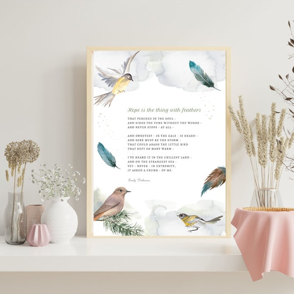 Emily Dickinson Hope is the thing with feathers Art Print, Watercolor Bird Illustration, Book Lover Gift, Literary Gift for Poetry Lover