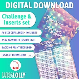 Puede incluir: Conjunto de descarga digital de desafíos e inserciones. Incluye desafío de tamaño A5 con 40 líneas, tamaño de inserción de cartera A5 y A6 e impresión de respaldo. El diseño presenta el texto "Knockout Nightmare!" y una cuadrícula de desafío de ahorro. Archivo PDF disponible.