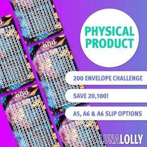 May include: A purple and blue graphic featuring multiple 200 envelope challenge cards with numbered circles. The cards have a colourful design with the text "200 Envelope Challenge" and "Save 20,100!". The image also includes the text "Physical Product".