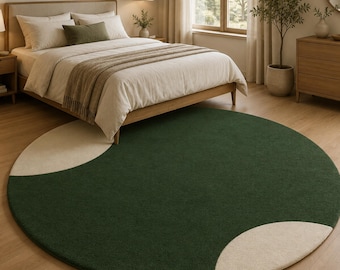 Round Green Wool Rug, Modern Abstract Tufted Accent Area Rug
