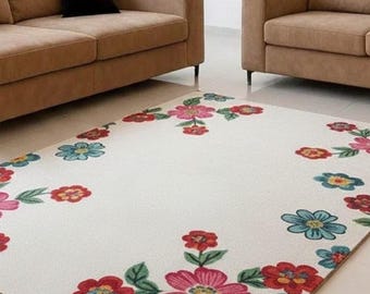 Floral Border Area Rug, Colorful Botanical Tufted Wool Carpet, Living Room Decor