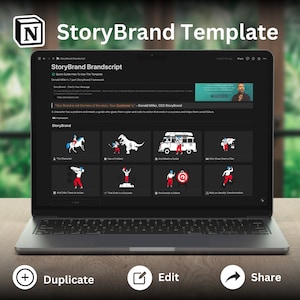 Op de afbeelding: Een laptopscherm dat een StoryBrand-sjabloon in Notion weergeeft. De sjabloon is een visuele gids voor het maken van een merkverhaal met behulp van een framework met illustraties van een personage, een probleem, een gids, een plan, een oproep tot actie, een succes, een mislukking en een transformatie.
