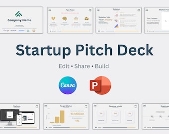 Puede incluir: Una plantilla de pitch deck de inicio con un logotipo de empresa azul y blanco, un icono de plataforma azul y blanco, un gráfico de barras dorado, un modelo de ingresos con tres opciones y una hoja de ruta con cinco pasos. La plantilla está diseñada para usar con Canva y PowerPoint.