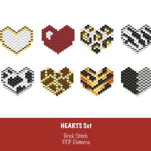 Conjunto de 8 patrones de pendientes de cuentas de corazones Patrón de pendientes de San Valentín Patrones de puntada de ladrillo con tachuelas PDF Patrones de abalorios Patrón de corazón