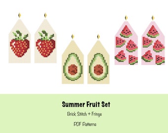 Set of 3 Strawberry Avocado Watermelon beaded earrings pattern Summer Fruit earrings pattern Brick Stitch + Fringe earrings pattern PDF