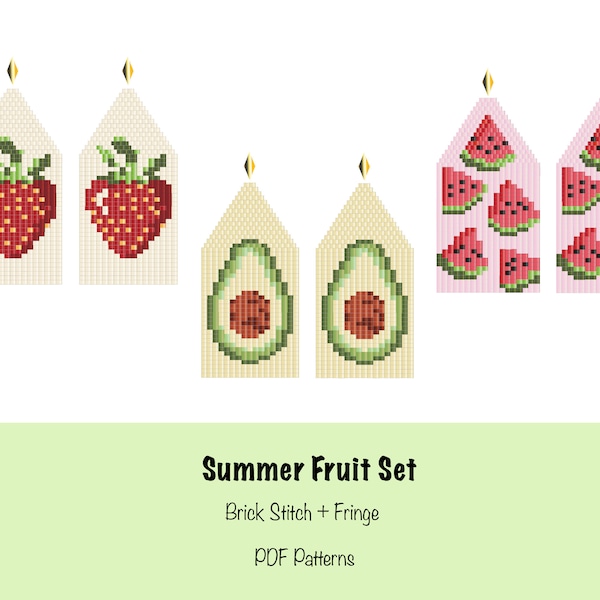 Set van 3 Aardbei Avocado Watermeloen kralen oorbellen patroon Zomerfruit oorbellen patroon Brick Stitch + Fringe oorbellen patroon PDF