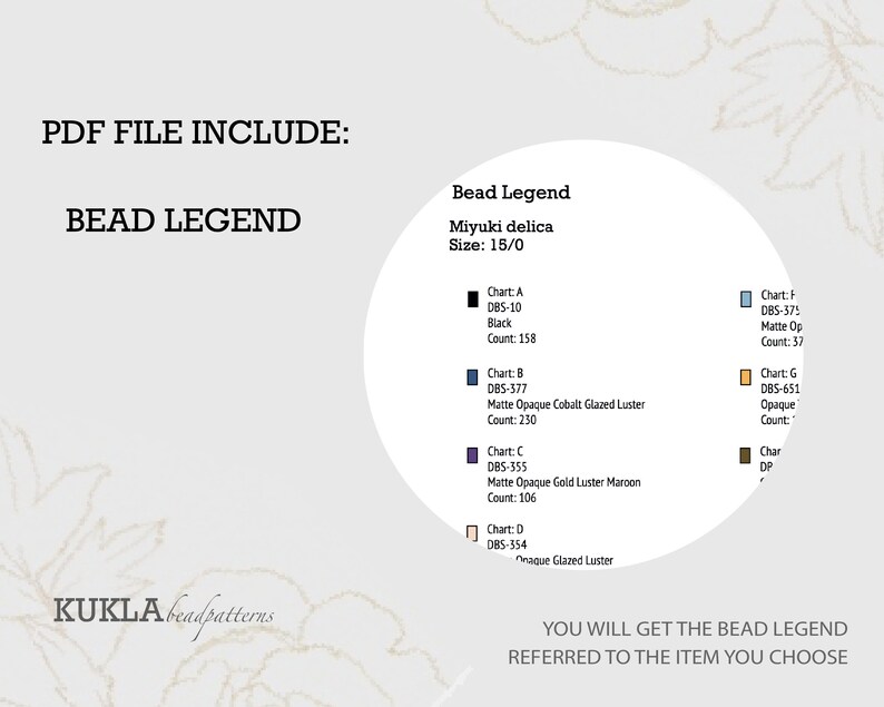 May include: Bead legend chart for a beading project using Miyuki delica beads, size 15/0. The chart shows the color and count of each bead type, including black, cobalt glazed luster, gold luster maroon, opaque, and opaque glazed luster.