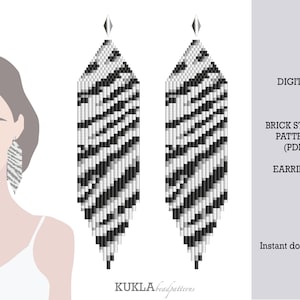 May include: Digital brick stitch earring pattern in PDF format. The design features a black and white zebra stripe pattern. The earrings are shown next to a woman wearing a similar pair. The text "KUKLA beadpatterns" is at the bottom.