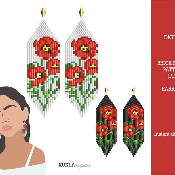 Poppies beaded earrings pattern Brick stitch + Fringe earrings pattern Summer earrings pattern PDF Handmade Jewellery