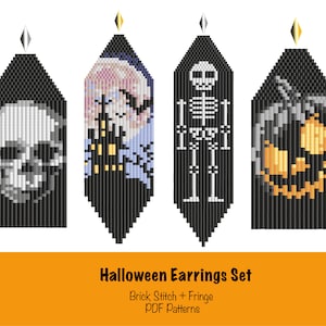 May include: Set of three Halloween-themed beaded earrings. The earrings feature a skull, a haunted house, and a jack-o'-lantern. The earrings are made with black, white, orange, and yellow beads. Brick Stitch + Fringe PDF Patterns.