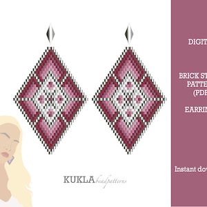May include: Digital download pattern for brick stitch earrings. The earrings are pink and white with a geometric design. The pattern is available as a PDF.