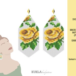 Könnte beinhalten: Ein digitales Ziegelmuster für Perlenohrringe mit gelben Rosen mit grünen Blättern auf weißem Hintergrund. Das Muster ist als PDF-Download verfügbar. DIGITALES ZIEGELMUSTER (PDF) OHRRINGE Sofort-Download