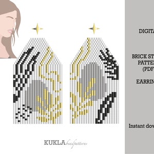May include: Digital download pattern for brick stitch earrings. The pattern features a geometric design with black, white, gold, and gray beads.