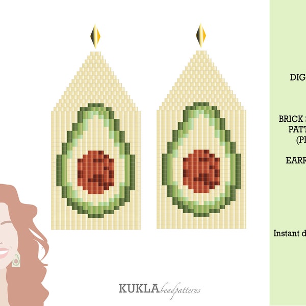 Patroon oorbellen met avocado-kralen Summer Fruit oorbellen patroon Brick Stitch + Fringe oorbellen patroon PDF Boho oorbellen kralenpatronen