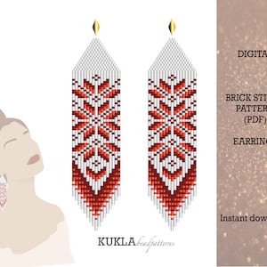 Peut inclure: Modèle de téléchargement numérique pour boucles d'oreilles en point de brique. Les boucles d'oreilles sont longues et présentent un motif géométrique blanc et rouge. Le modèle est disponible en fichier PDF.