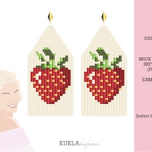 Può includere: Modello di download digitale per orecchini a punto mattoncino con un design a fragola rossa. Il modello è in formato PDF.