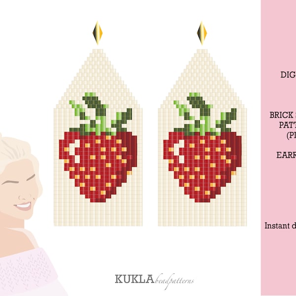 Strawberry beaded earrings pattern Summer Fruit earrings pattern Brick Stitch + Fringe earrings pattern PDF Boho earrings beading patterns