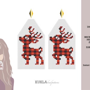 May include: A digital brick stitch pattern for beaded earrings featuring a red and black plaid reindeer design. The pattern is available as a PDF download.