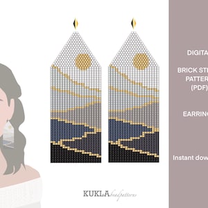 May include: Digital brick stitch earring pattern (PDF) featuring a landscape design with a sun, sky, and water. The earrings are in shades of gray, blue, and gold. The text "Digital Brick Stitch Pattern (PDF) Earrings" is visible.