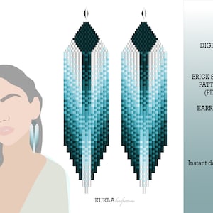 May include: Digital download pattern for brick stitch earrings. The earrings are long and feature a gradient of blue and green colours with a white and black top.