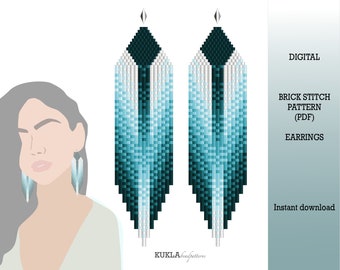 Deep Sea Beaded Earrings Pattern Gradient earrings pattern Beading pattern PDF Brick Stitch + Fringe Earrings Pattern Blue White earrings