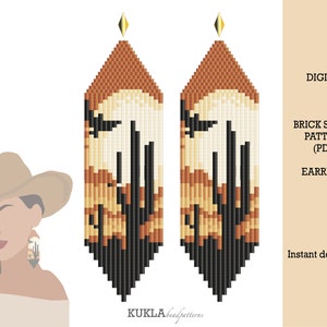 May include: Digital download pattern for brick stitch earrings featuring a desert sunset scene with cacti and a bird silhouette. The earrings are long and narrow, with a gold bead at the top. The pattern is available in PDF format.