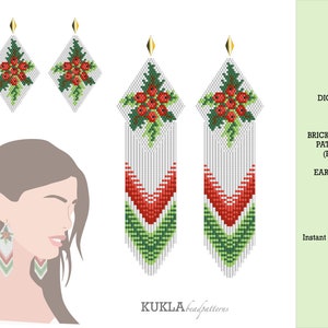 May include: Digital brick stitch pattern for beaded earrings. The pattern features a white background with red berries and green leaves. The earrings are long and dangle. The pattern is available for instant download as a PDF.