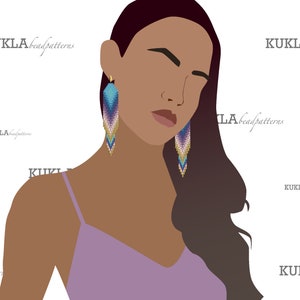 May include: A woman with long dark hair wearing a purple top and long beaded earrings with a gradient of blue, purple, and gold.