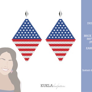 May include: Digital brick stitch pattern PDF for making American flag earrings. The pattern features a diamond-shaped earring with red, white, and blue beads.