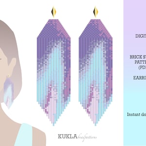 May include: Digital download pattern for brick stitch earrings. The earrings are long and narrow, with a gradient of purple, pink and blue beads.