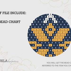 May include: A bead chart for a round, blue and yellow design. The chart includes the text "PDF FILE INCLUDE: BEAD CHART" and "KUKLA beadpatterns".