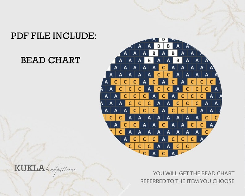 May include: A bead chart for a round, blue and yellow design. The chart includes the text "PDF FILE INCLUDE: BEAD CHART" and "KUKLA beadpatterns".