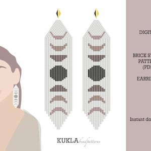 May include: Digital download pattern for brick stitch earrings featuring a moon phase design in white, grey, and brown beads. The pattern is available as a PDF.